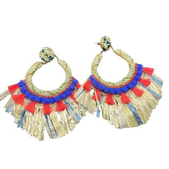 Multicolor Seed Beaded Tassel Dangle Drop Earrings Post Back Closure Boho Ethnic - Picture 1 of 5